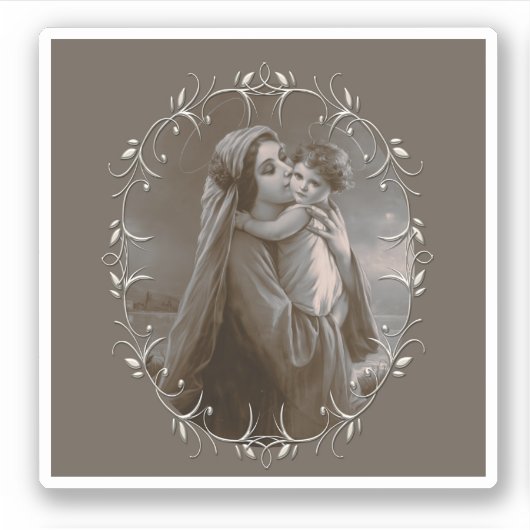  Madonna en kind met zilveren Lijst Sticker (Voorkant)