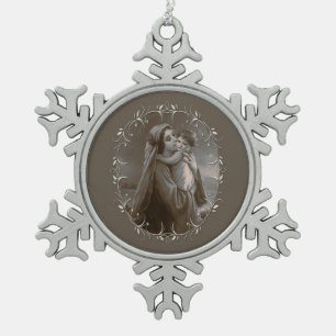 Madonna en kind met zilveren Lijst Tin Sneeuwvlok Ornament