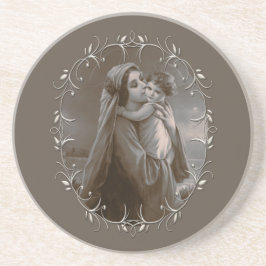  Madonna en kind met zilveren Lijst Zandsteen Onderzetter