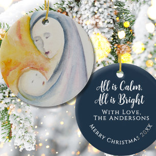 Madonna en Kind Religieus Aandenken Donkerblauw Keramisch Ornament