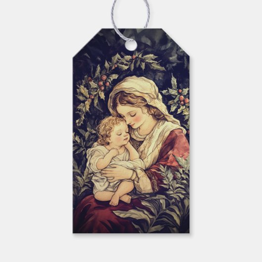Madonna en Kind Vintage Kerstmis Cadeaulabel (Voorkant)
