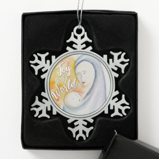 Madonna en kind Waterverf Joy to the World Snow Tin Sneeuwvlok Ornament (Kistje)