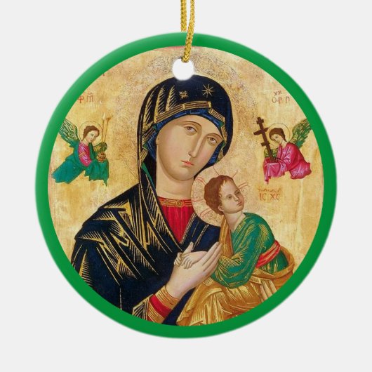 Madonna en kindkerst en groen lijst keramisch ornament (Voorkant)