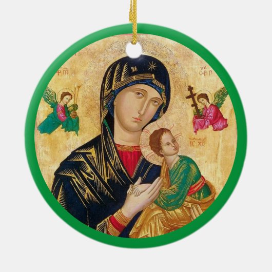 Madonna en kindkerst en groen lijst keramisch ornament (Achterkant)