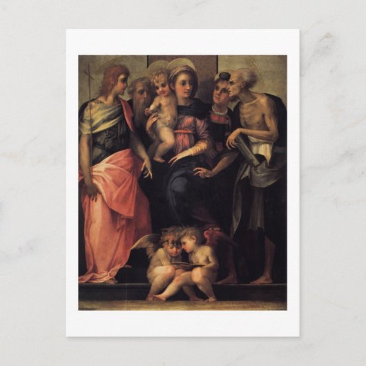 Madonna Enthroned met het briefkaart met vier heil (Voorkant)