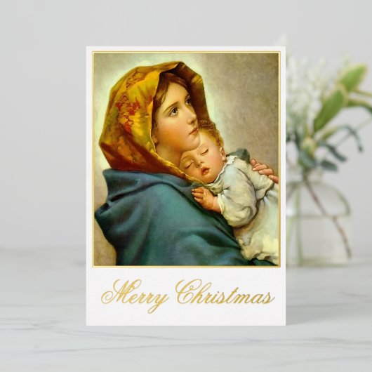 Madonna & Kind Religieuze Kerstmis met Foto Folie Feestdagenkaart (Staand Voorkant)