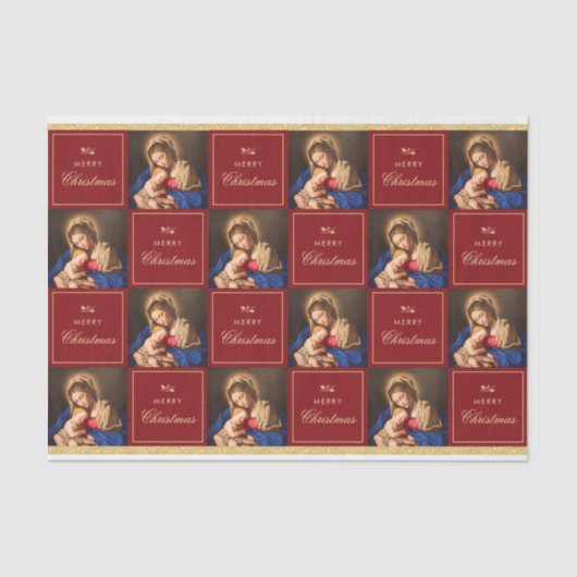 Madonna & Kind Rood Goud Religieuze Kerstmis Tissuepapier (Voorkant)