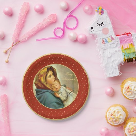Madonna & Kind Traditionele Religieuze Kerstmis Papieren Bordje (Feest)