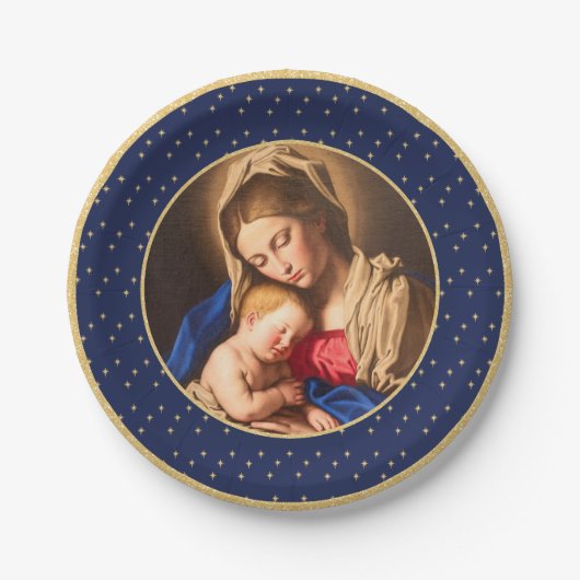 Madonna & Kind Traditionele Religieuze Kerstmis Papieren Bordje (Voorkant)