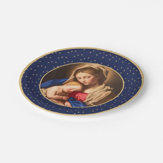 Madonna & Kind Traditionele Religieuze Kerstmis Papieren Bordje (Gekanteld)