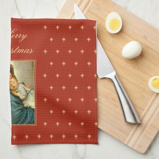 Madonna & Kind Traditionele Religieuze Kerstmis Theedoek (Quarter Fold)