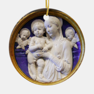 MADONNA MET KIND EN ENGELEN Ronde Blauwe Saffier Keramisch Ornament