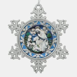 MADONNA MET KIND EN ENGELEN TIN SNEEUWVLOK ORNAMENT