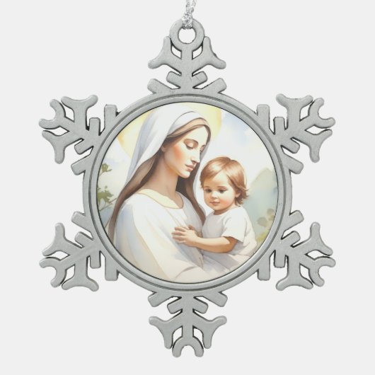Madonna met kind Jezus Tin Sneeuwvlok Ornament (Voorkant)