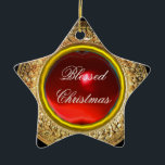 Madonna van de Magnificat/Ruby Gemstone Star Keramisch Ornament<br><div class="desc">Madonna van de Pomegranaat is een schilderij van de Italiaanse Renaissance-meester Sandro Botticelli, 1487 FLorence Italy.tempera op het paneel.Dit werk beschrijft de Maagd Maria die door twee engelen wordt gekroond. Het kind Jezus houdt in een hand het granaatappel,  symbool van de herrijzenis.</div>