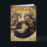 Madonna van de Pomegranaat Feestdagen Kaart<br><div class="desc">Madonna van de Pomegranaat is een schilderij van de Italiaanse Renaissance-meester Sandro Botticelli, 1487 FLorence Italy.tempera op het paneel.Dit werk beschrijft de Maagd Maria die door engelen wordt gekropen. Het kind Jezus houdt in een hand het granaatappel,  symbool van de herrijzenis.</div>