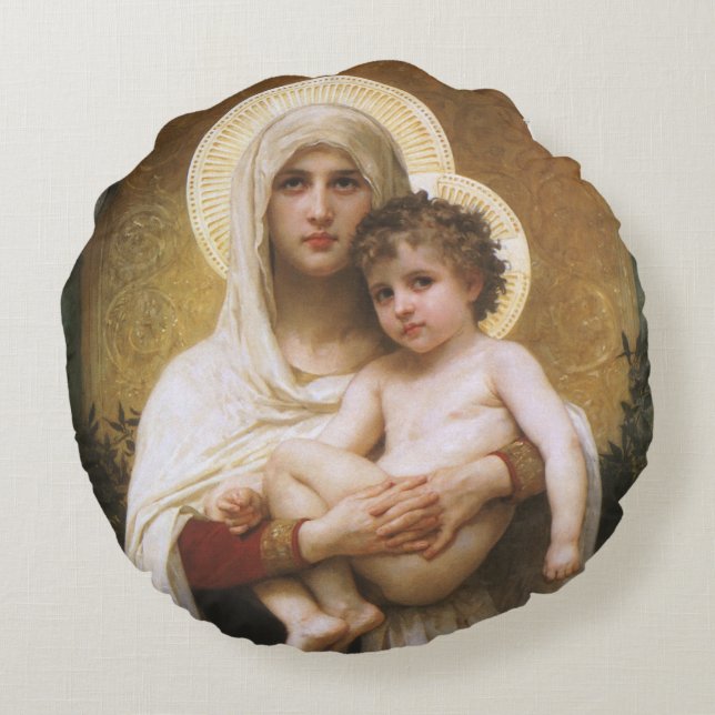 Madonna van de Rozen door Bouguereau Rond Kussen (Achterkant)