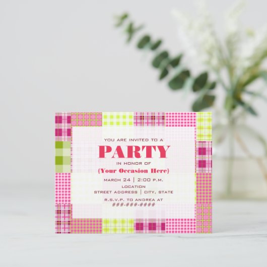 Madras geïnspireerde uitnodiging voor patchwork (Staand voorkant)