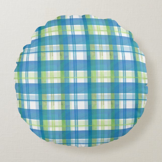 Madras Pset Green en Blue Rond Kussen (Voorkant)
