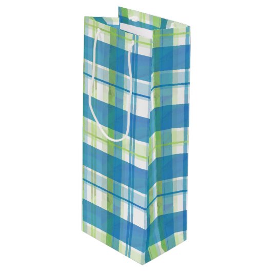 Madras Pset Green en Blue Wijn Cadeautas (Voorkant Gekanteld)