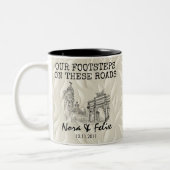 Madrid skyline couple — beige leaf background tweekleurige koffiemok (Links)