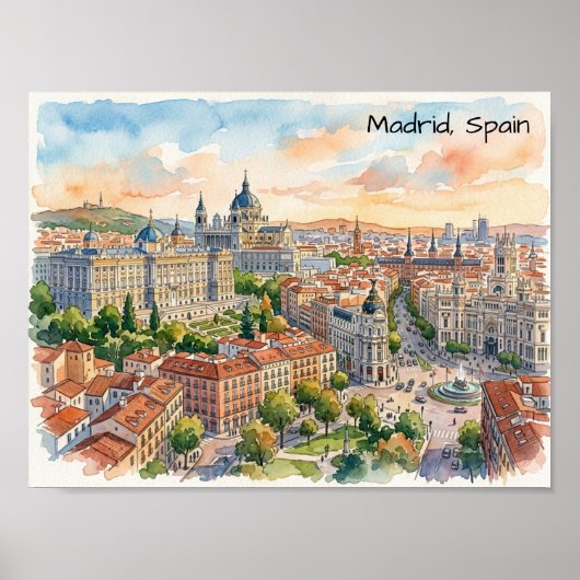 Madrid Spanje Architectuur Aquarel Schilderij Poster (Voorkant)