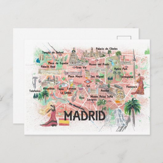 Madrid Spanje illustreerde reiskaart met wegen Briefkaart (Voorkant / Achterkant)