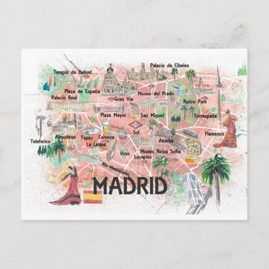 Madrid Spanje illustreerde reiskaart met wegen Briefkaart (Voorkant)