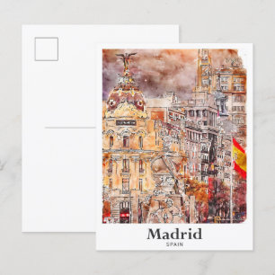 Madrid Spanje Kunst Reizen Waterverf Hand getekend Briefkaart
