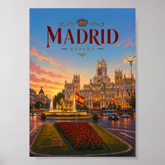 Madrid Spanje Plaza de Cibeles Zonsondergang Uitzi Poster (Voorkant)