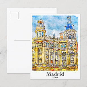 Madrid Spanje Reizen Waterverf Hand getekend Briefkaart