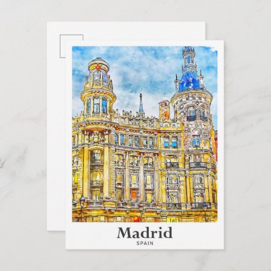 Madrid Spanje Reizen Waterverf Hand getekend Briefkaart (Voorkant / Achterkant)