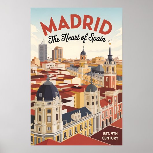 Madrid Spanje Retro Silhouette Stadsgezicht Reizen Poster (Voorkant)