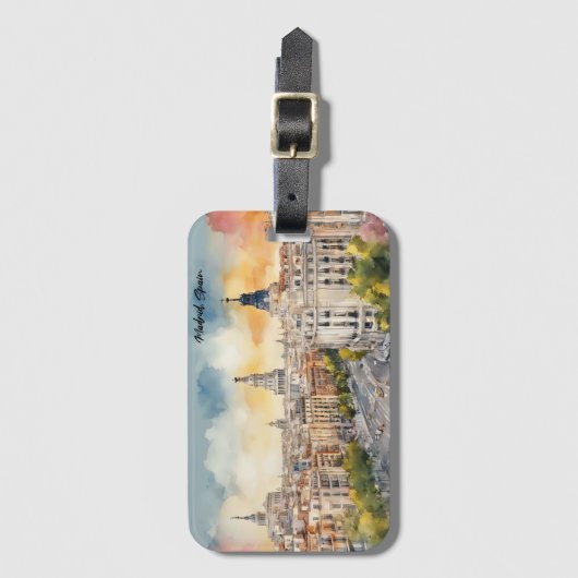 Madrid Spanje Stad Silhouet Waterverf Schilderij Bagagelabel (Voorkant (verticaal))