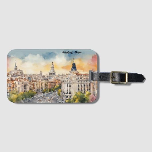 Madrid Spanje Stad Silhouet Waterverf Schilderij Bagagelabel (Voorkant (horizontaal))