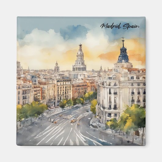 Madrid Spanje Stad Silhouet Waterverf Schilderij Magneet (Voorkant)