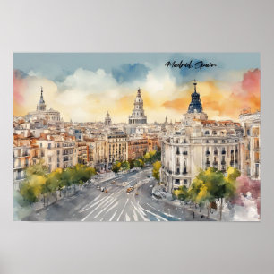Madrid Spanje Stad Silhouet Waterverf Schilderij Poster