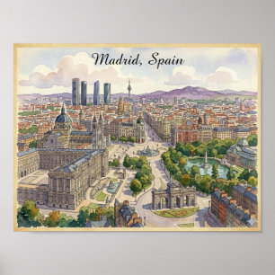 Madrid Spanje Stadsgezicht Aquarel Schilderij Poster