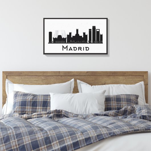 Madrid, Spanje | Zwarte en witte veldlijn Canvas Afdruk (Insitu (Slaapkamer))