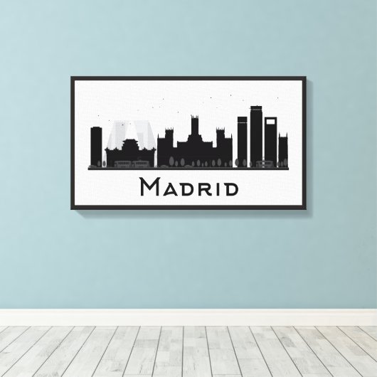 Madrid, Spanje | Zwarte en witte veldlijn Canvas Afdruk (Insitu (Houten vloer))
