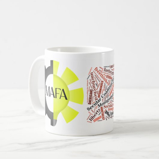 MAFA-logo en mok van tekstwolken (Voorkant links)