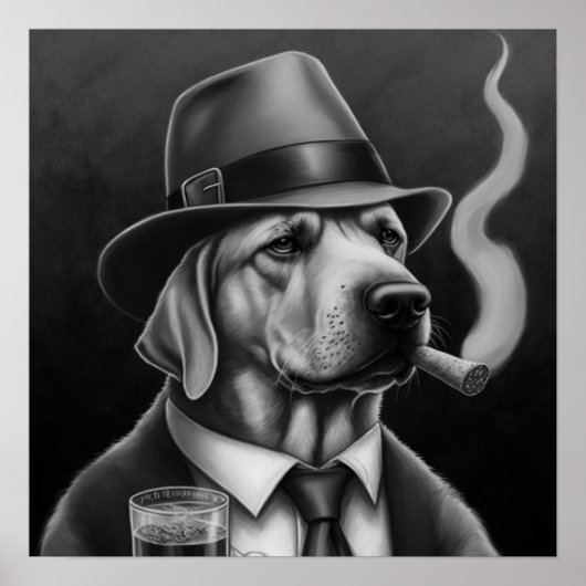 Mafia Dog in Grayscale met een bovenste hoed en ee Poster (Voorkant)