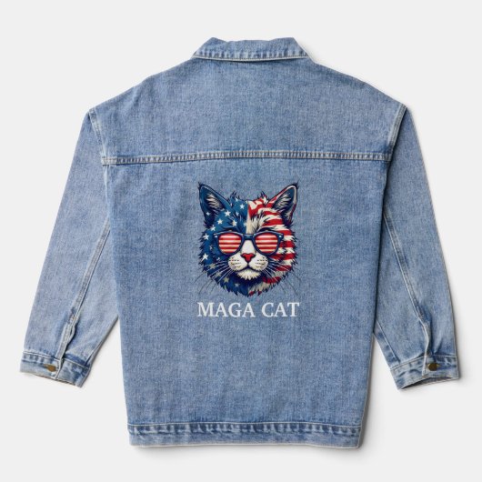 MAGA Cat President Trump Amerikaanse Vlag Patriott Denim Jacket (Achterkant)