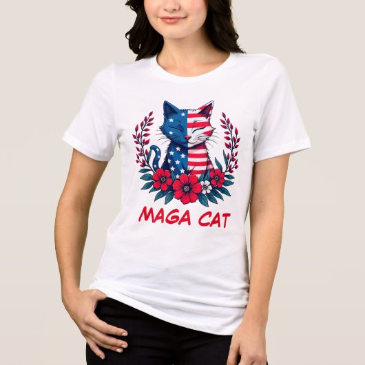 MAGA Cat Trump Amerikaanse vlag Rode bloemen Patri Tri-Blend Shirt (Voorkant)