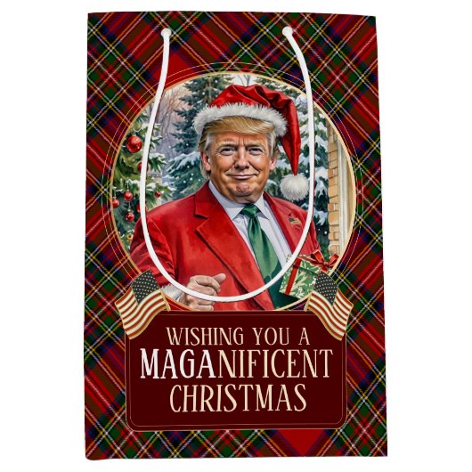 MAGA Christmas Tartan Plaid Santa Trump Medium Cadeauzakje (Voorkant)