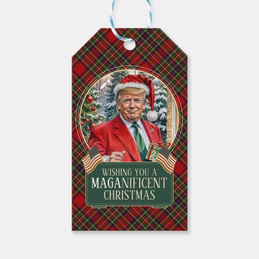 MAGA Christmas Tartan Plaid Trump Gift Label Cadeaulabel (Voorkant)