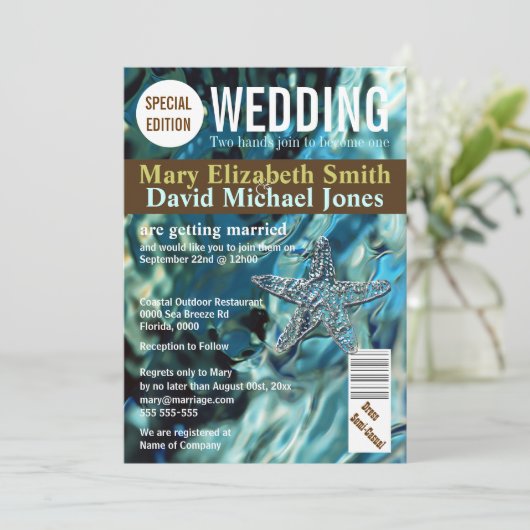 Magazijnomslag | Blauw strand bruiloft zeester Kaart (Staand voorkant)