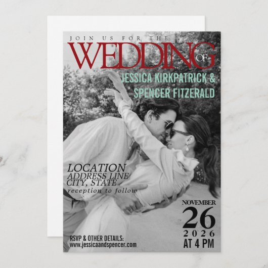 Magazine cover, aangepaste foto bruiloft uitnodigi save the date (Voorkant / Achterkant)