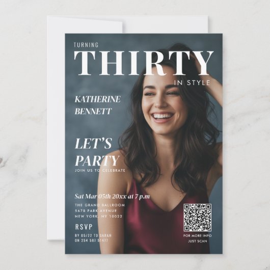 Magazine Cover Photo 30th Birthday Party QR Code Kaart (Voorkant)