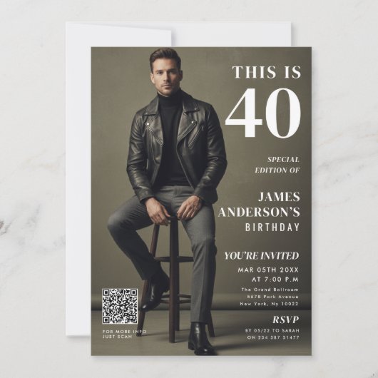 Magazine Cover Photo Mens 40th Birthday QR Code Kaart (Voorkant)